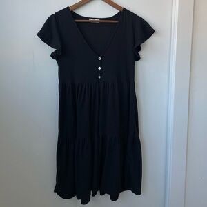 See You Monday Black Mini Dress with Button Detail
